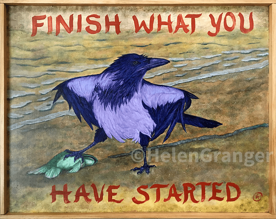 A carrion crow standing on a beach with one foot on a dead fish. The oil painting is colorful but not bright. The caption reads: Finish What You Have Started