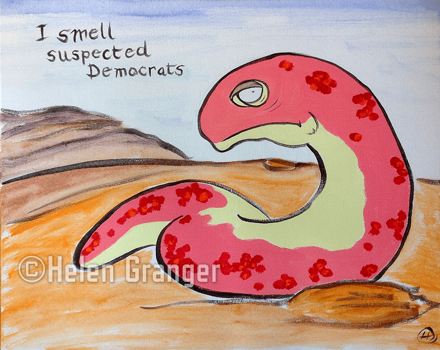 A sand sake is coiled with it's head raised, depicted in a desert environement in this acrylic painting. The snake is shades of pink and yellow. The caption reads: I smell Democrats, which is a quote from Rachel Maddow