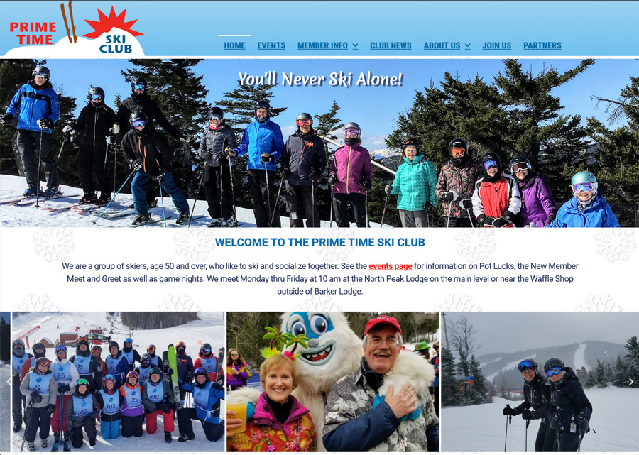 Screenshot of the PrimeTime Ski Club website.